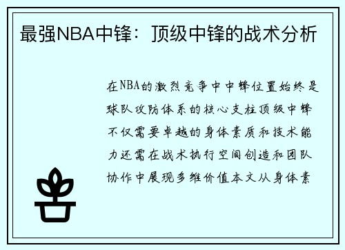 最强NBA中锋：顶级中锋的战术分析