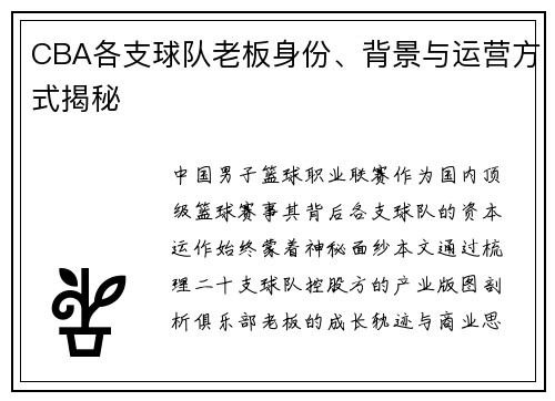 CBA各支球队老板身份、背景与运营方式揭秘